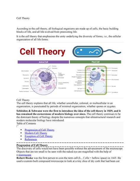 Cell Theory - Notes - Cell Theory According to the cell theory, all biological organisms are ...