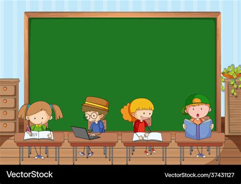 Empty blackboard in classroom scene with many Vector Image