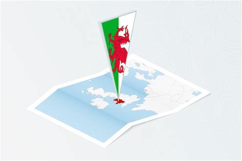 Isometrische Papierkarte Von Wales Mit Dreieckiger Flagge Von Wales Im