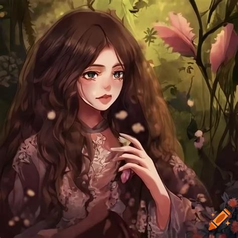 Anime Woman With Long Wavy Brown Hair In Cottagecore Fashion On Craiyon