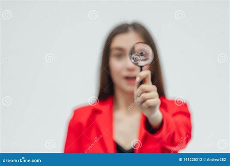 Funny Expressions Shocked Woman Looking At Magnifying Glass Stock