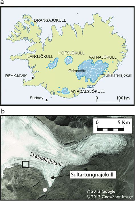 (a) Location of study area at Skálafellsjökull, indicated by arrow. (b ...