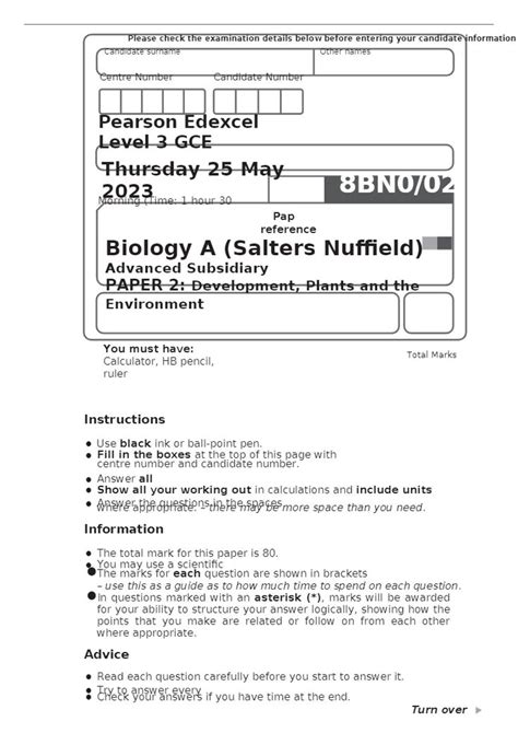 Pearson Edexcel Level 3 Gce Biology A Advanced Subsidiary Paper 2 With