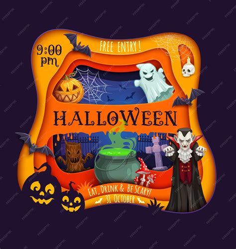 Premium Vector Halloween Paper Cut Flyer Cartoon Characters On