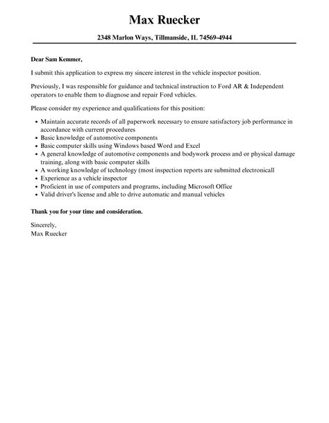 Vehicle Inspector Cover Letter Velvet Jobs