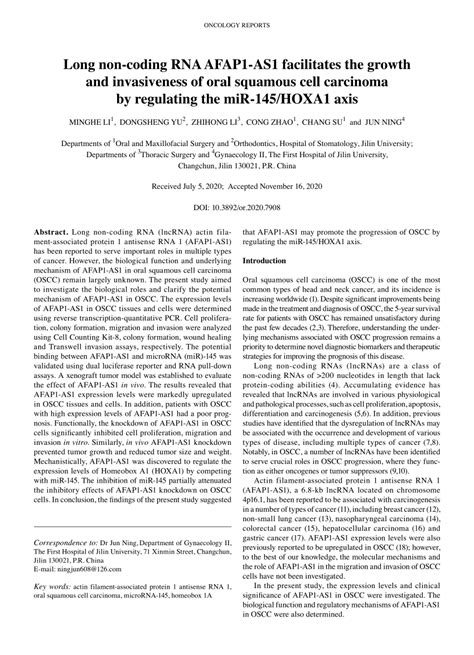 PDF Long Noncoding RNA AFAP1AS1 Facilitates The Growth And