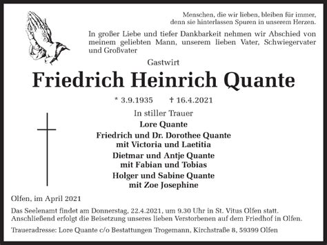 Traueranzeigen Von Friedrich Heinrich Quante Sich Erinnern De