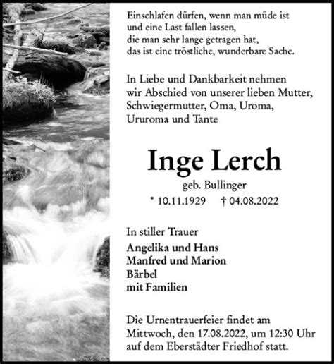 Traueranzeigen Von Inge Lerch Vrm Trauer De