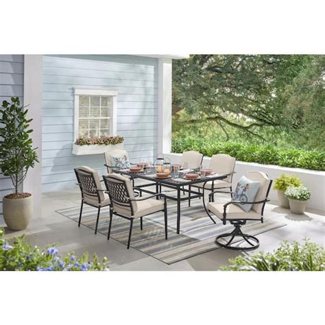 Hampton Bay Heather Glen 7 Piece Steel Outdoor Dining Set With Stone Grey Cushions Frn 312640 D