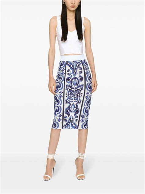 Dolce And Gabbana Majolica Print Midi Skirt Blue Farfetch