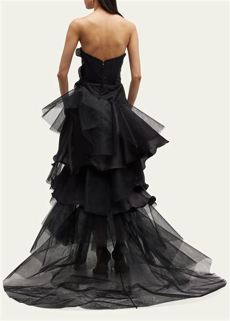 Marchesa Tiered Column Gown With Satin Faced Rose Detail Bergdorf Goodman