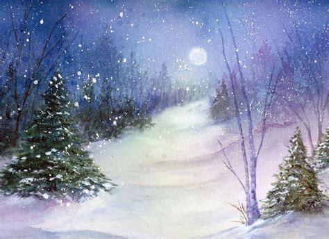 A Painting Of A Snowy Night With Trees And The Moon In The Sky Above It