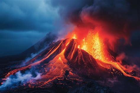 Un poderoso volcán erupciona lava derretida con fuerza en el aire