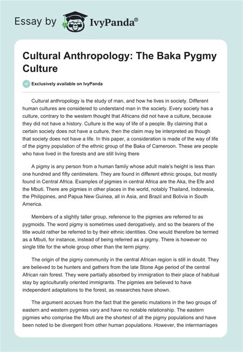 Cultural Anthropology. The Baka Pygmy Culture - 2545 Words | Essay Example