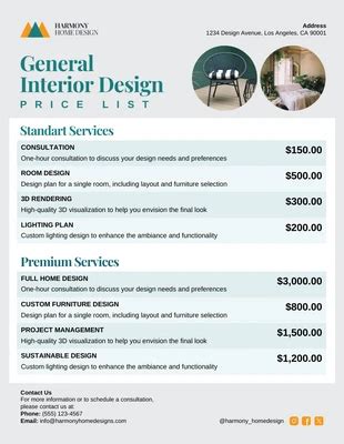 Free Interior Design Price List Templates Venngage