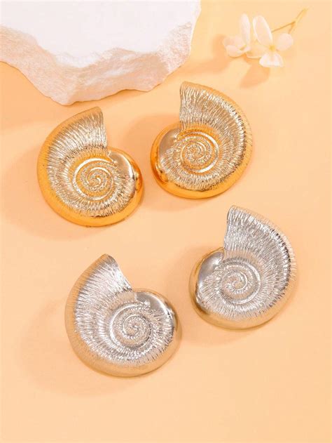 1pair Zinc Alloy Spiral Seashell Earrings Two Tone Gold Silver