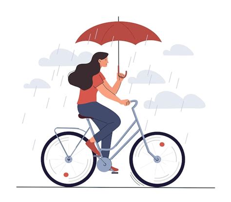 Mulher Na Bicicleta Guarda Chuva Vetor Premium