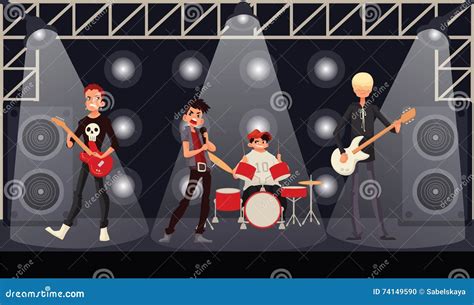 Os M Sicos De Grupo De Rock Executam Na Fase Ilustra O Do Vetor