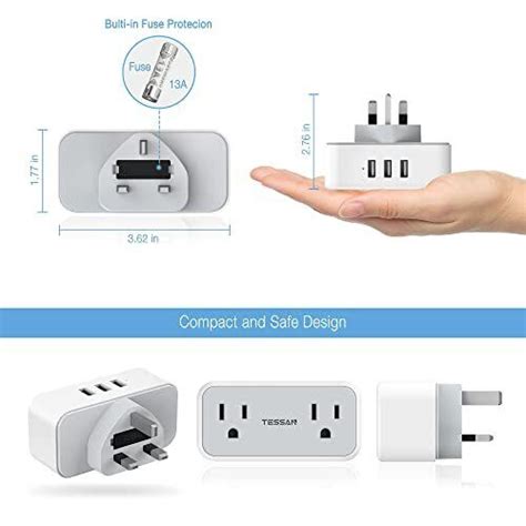 Tessan Us To Uk Plug Adapter Type G Power Adapter With 2 Outlet 3 Usb