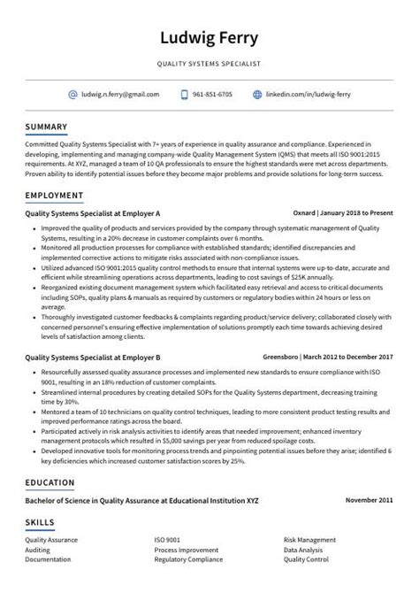 Quality Systems Specialist Resume CV Example And Writing Guide