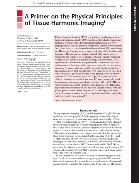 PDF A Primer On The Physical Principles Of Tissue Harmonic Imaging