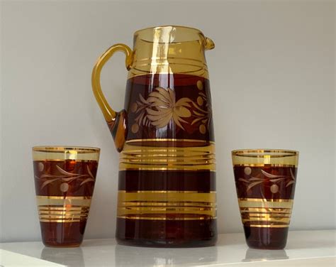 Vintage Mid Century Czech Bohemian Cut To Glass Art Glass Gold Amber Flowers Brown Jug