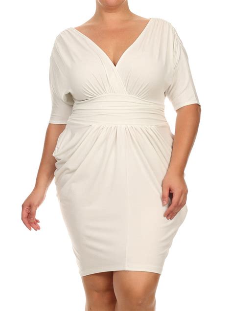 Plus Size Divine V Neck Pleated Off White Dress Plussizefix