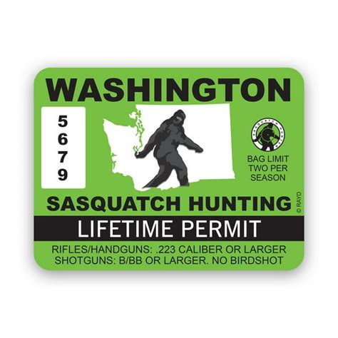 Washington Sasquatch Hunting Permit Sticker Decal Self Adhesive Vinyl