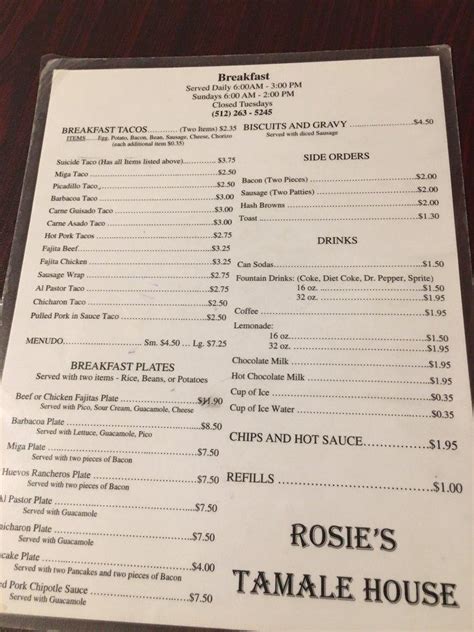 Menu at Rosie's Tamale House restaurant, Bee Cave, State Hwy 71