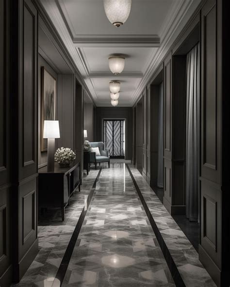 Premium Ai Image A Dimly Lit Hallway With A Marble Floor And A