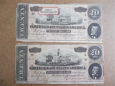 2 1864 Confederate States America 20 Twenty Dollar Bill Civil War