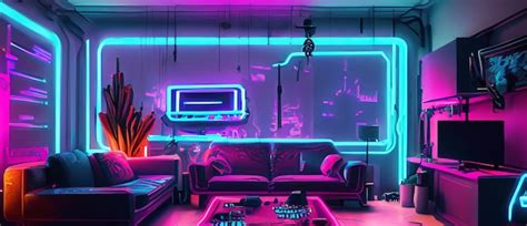 Premium Ai Image Cyberpunk Luxurious Living Room With Neon Light It