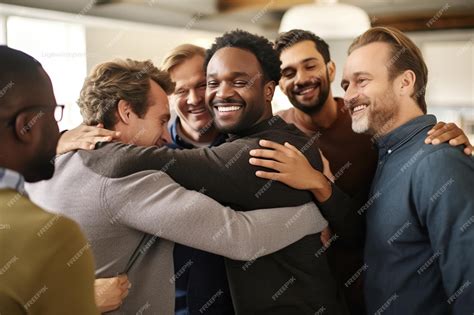 Premium Ai Image Supportive Diverse Male Friends Hugging Each Other