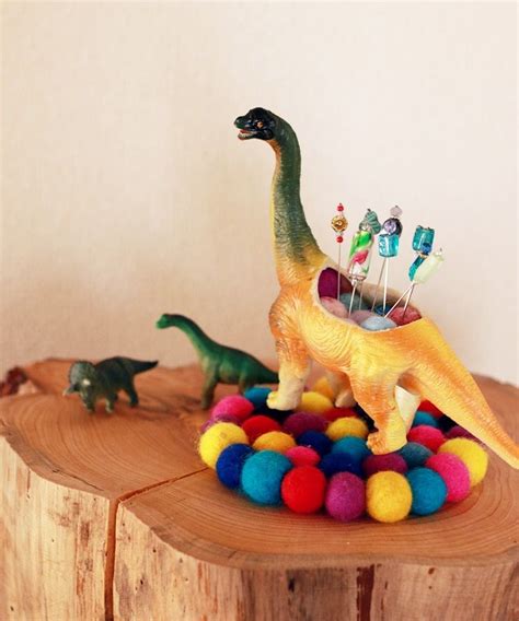 Beaded Pins And Plastic Dinosaur Pincushion Plastic Dinosaurs