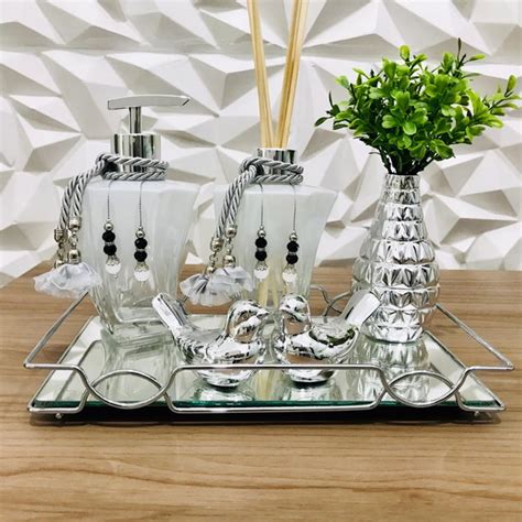 Kit Lavabo Luxo Bandeja Espelhada Difusor Cor Prata No Elo Bfdecor