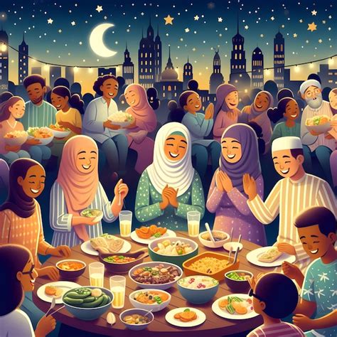 Una Familia Musulmana Feliz Sentada Juntos Para El Iftar Con Comida