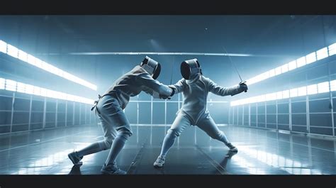 Premium Photo Two Professional Fencers Compete In A Modern Fencing