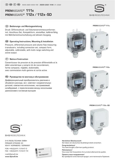 S S REGELTECHNIK PREMASGARD 111 SERIES OPERATING INSTRUCTIONS MOUNTING