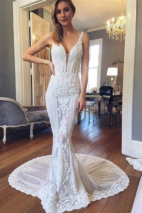 Mermaid V Neck Open Back Lace Wedding Dresses With Train Gorgeous Wed