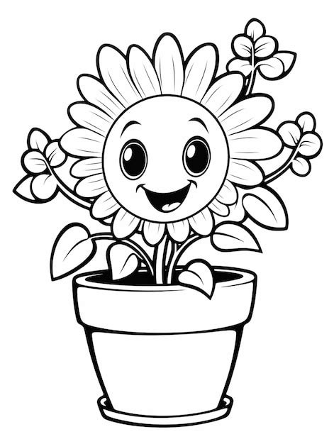 Un Girasol De Dibujos Animados En Una Olla Con Una Cara Feliz