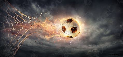 Goal Fiery Soccer Ball Breaking Through The Net With Dramatic Stock