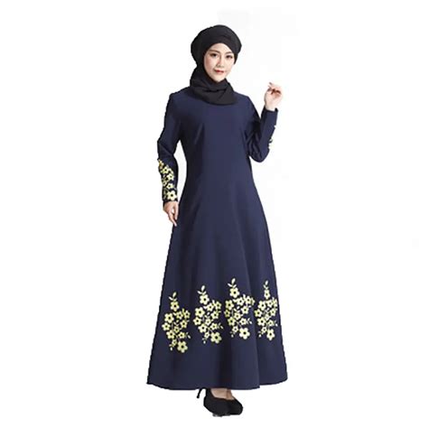 Muslim Abaya Dresses Sunflower Print Embroidery Design Long Sleeve Maxi