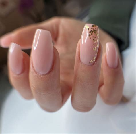Nude Coffin Shape Nails With Gold Flakes Chic Nails Gold Nails Coffin Shape Nails