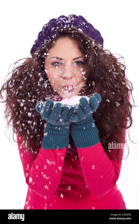 Beautiful Smiling Brunette Woman In Snow In Winter Isolated On White Background Stock Photo Alamy