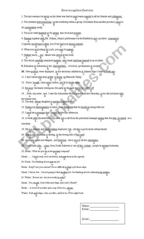 Error Recognition Exercise Esl Worksheet By Mr515