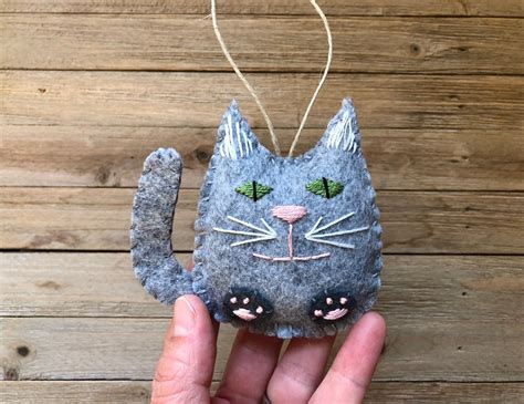 Cat Christmas Ornament Grey Tabby Felt Cat Ornament Cat Etsy