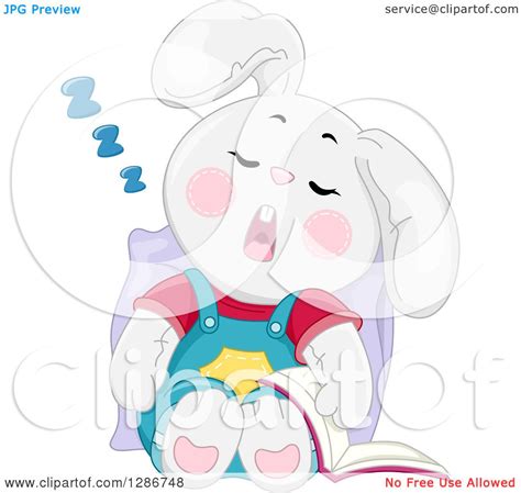 Clipart of a Tired White Bunny Rabbit Sleeping Upright with a Book at His Side - Royalty Free ...