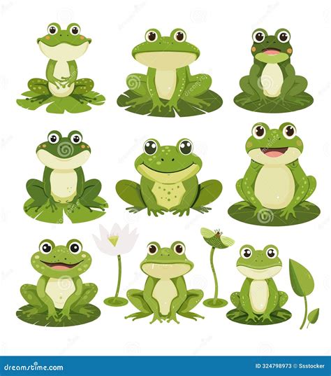 Green Toads Cartoon Vector Set Frogs Lotus Leaves Membrane Lily Pond