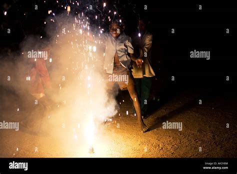 Indian Children Playing Around A Firework Stock Photo Alamy