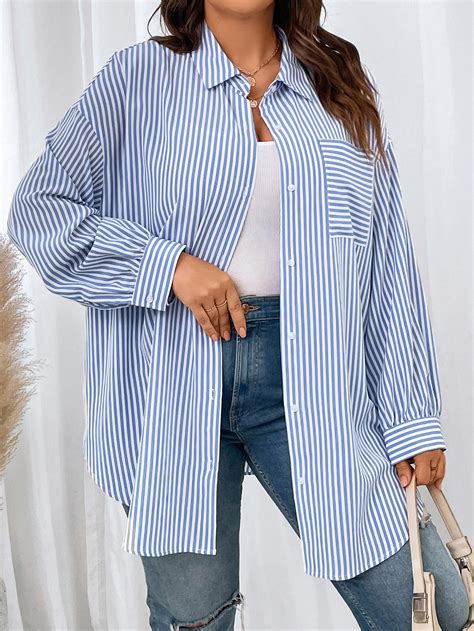 Shein Ezwear Plus Striped Print Drop Shoulder Shirt